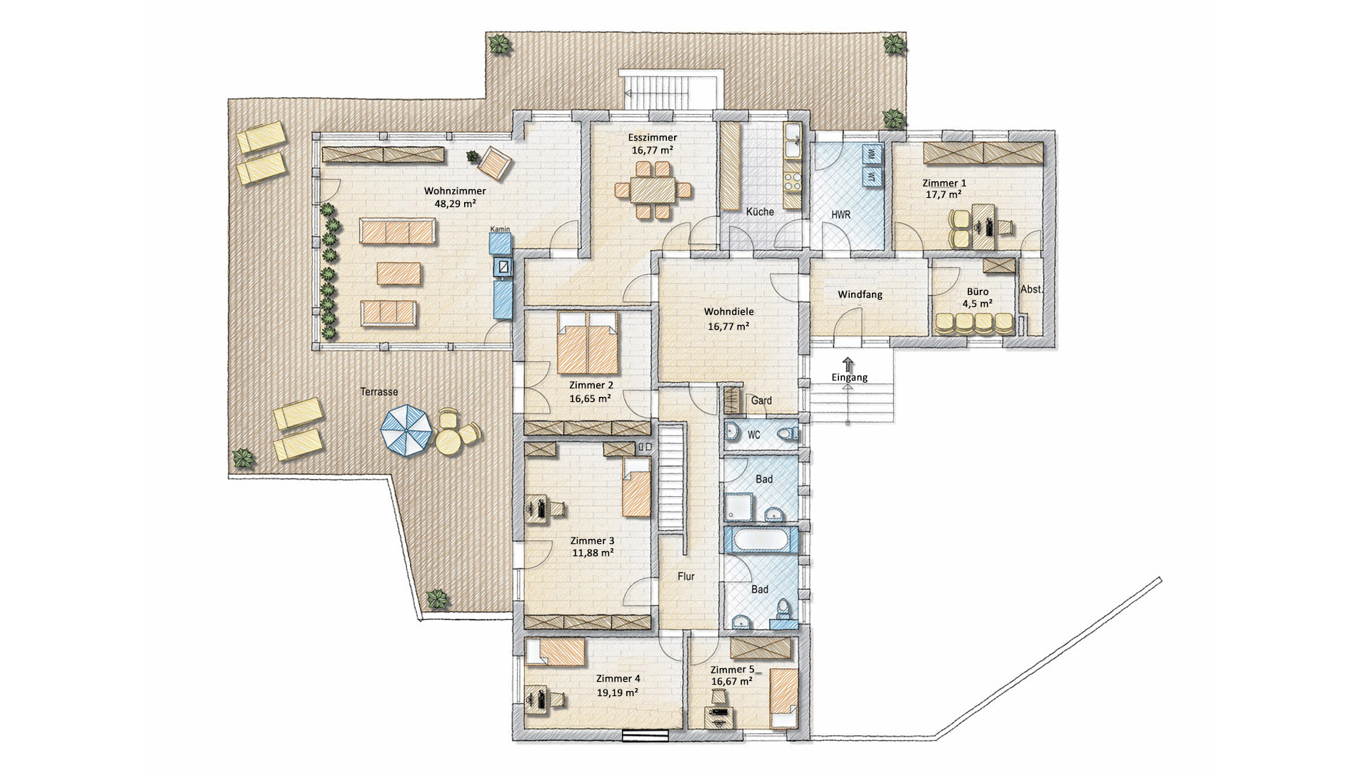 Morsbach-Holpe: Ruhige, ungestörte Ortsrandlage, Grundriss EG: 226,7 m² Wohnfläche auf einer Ebene